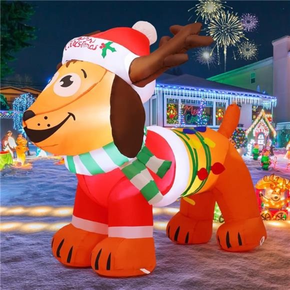 4FT Christmas Dog with Antler Hat, Built-in LEDs Blow Up Yard Decoration - Picture 4 of 6